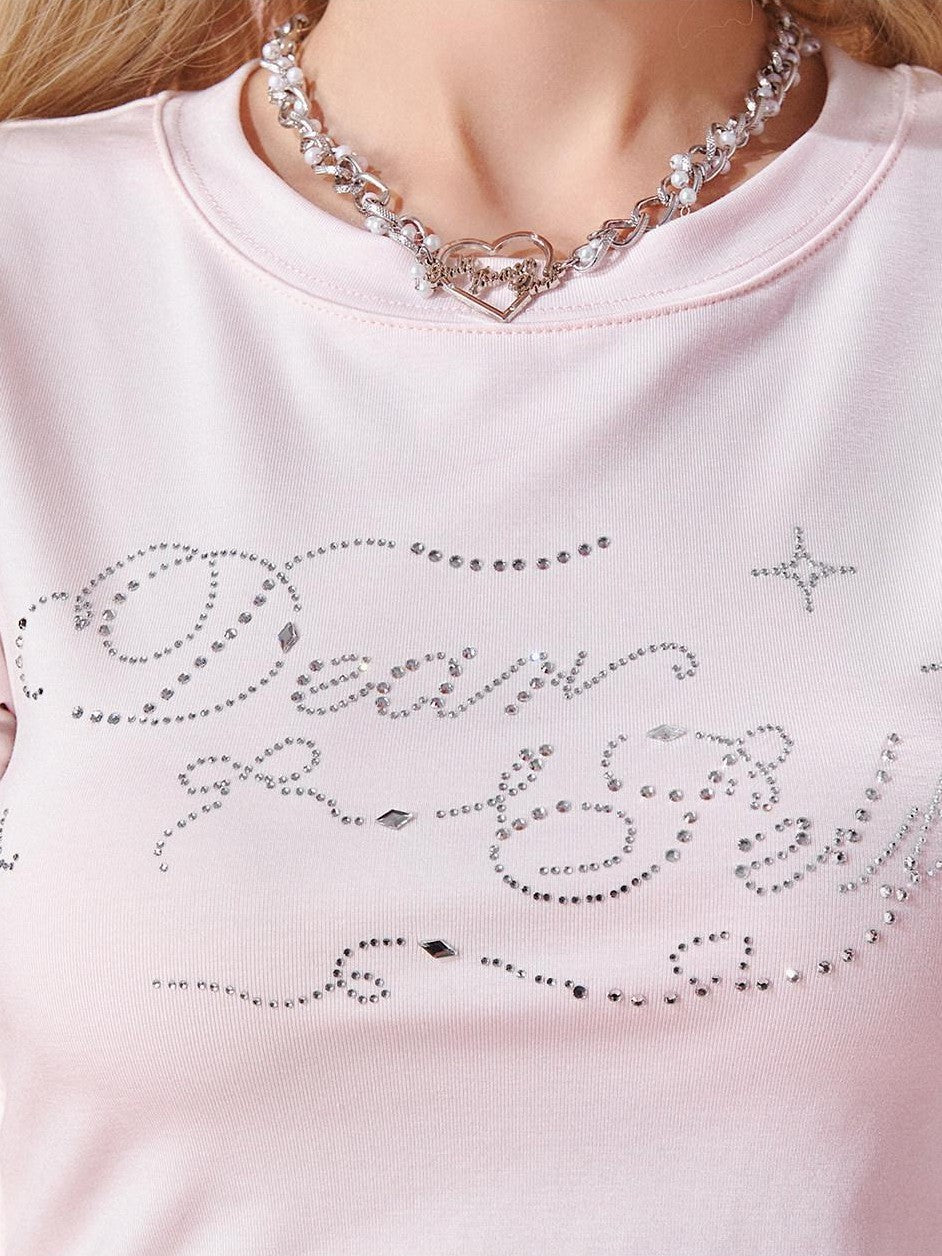 Girly Fancy Club Rhinestone Lettering Ruched Waist Women's Cotton Short Sleeve T-shirts