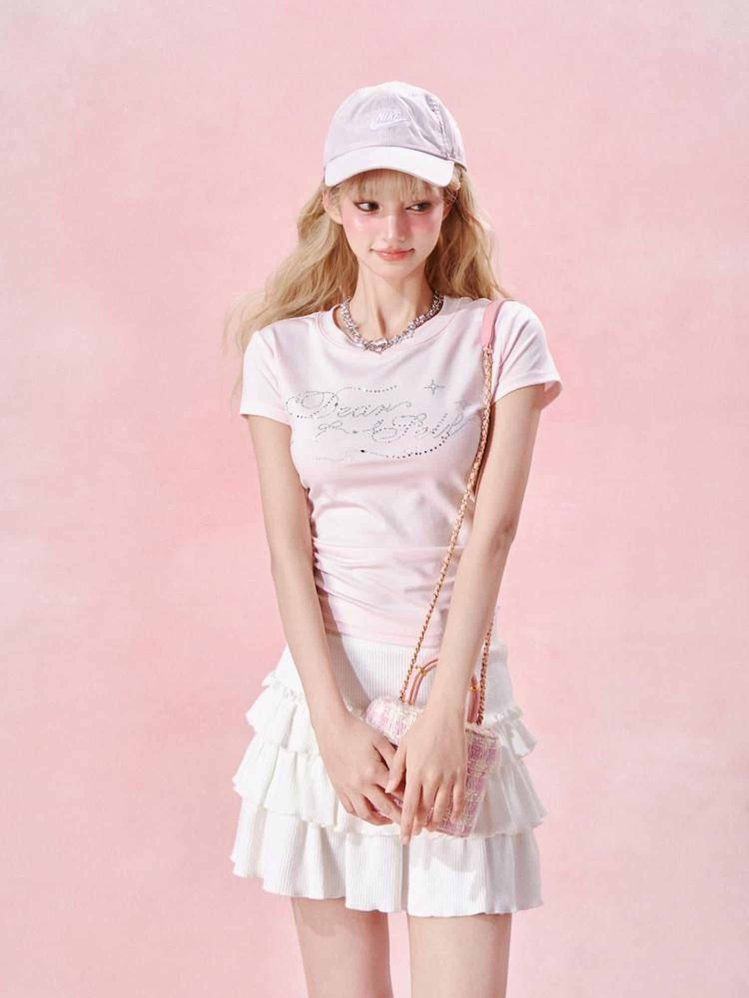 Girly Fancy Club Rhinestone Lettering Ruched Waist Women's Cotton Short Sleeve T-shirts