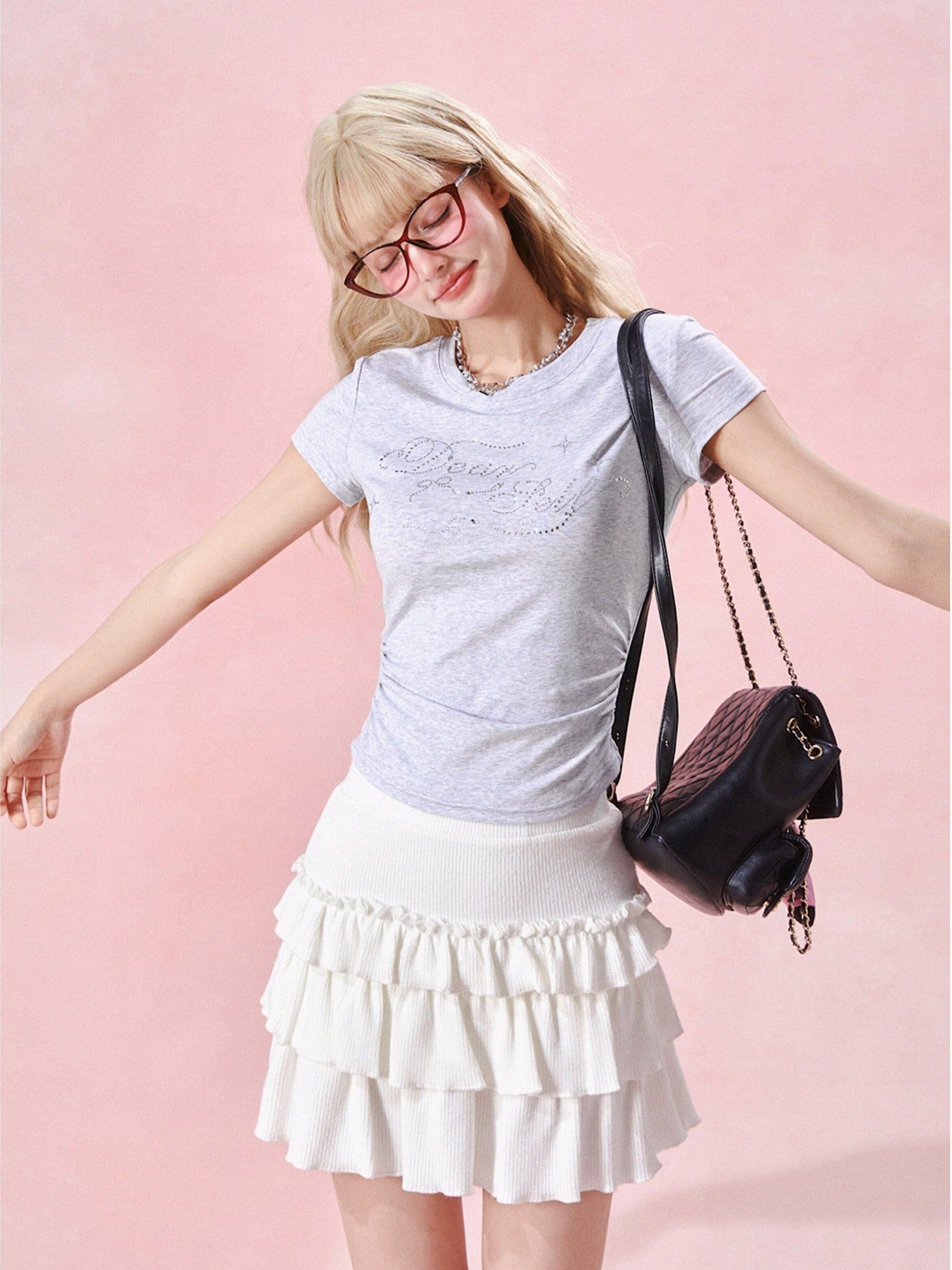 Girly Fancy Club Rhinestone Lettering Ruched Waist Women's Cotton Short Sleeve T-shirts