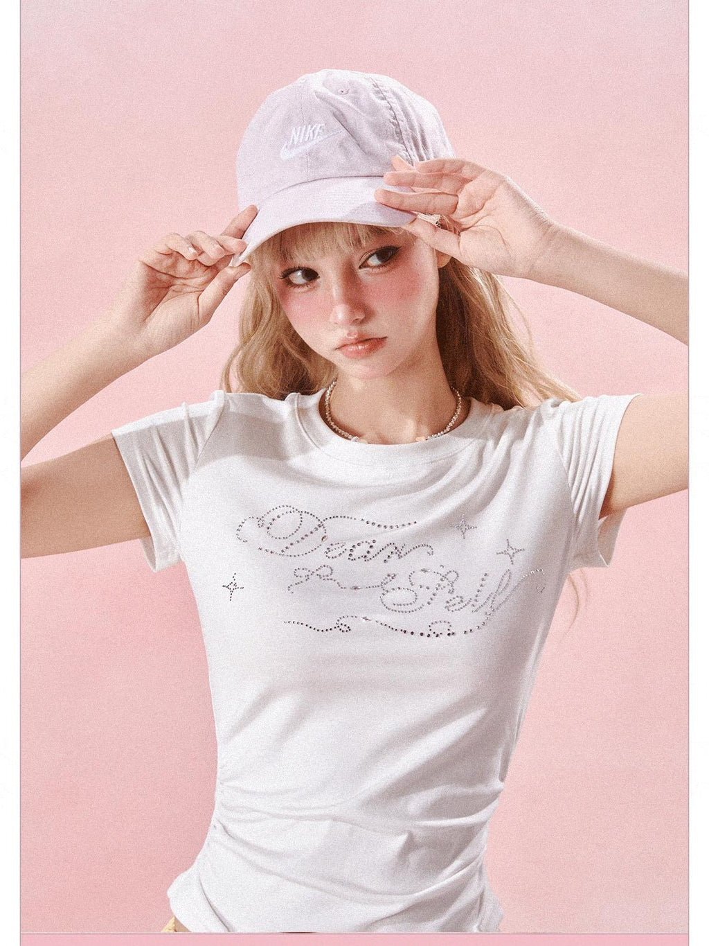 Girly Fancy Club Rhinestone Lettering Ruched Waist Women's Cotton Short Sleeve T-shirts