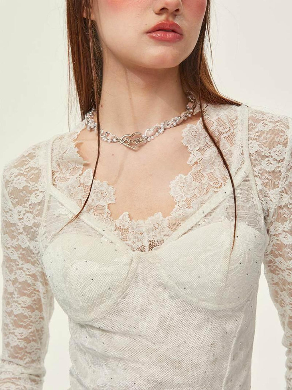 Girly Fancy Club Sheer Floral V-neck Cutout Slim Long Sleeve Women's Lace Blouses