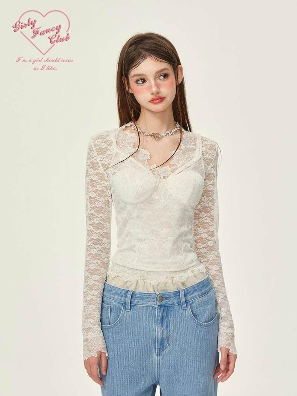 Girly Fancy Club Sheer Floral V-neck Cutout Slim Long Sleeve Women's Lace Blouses