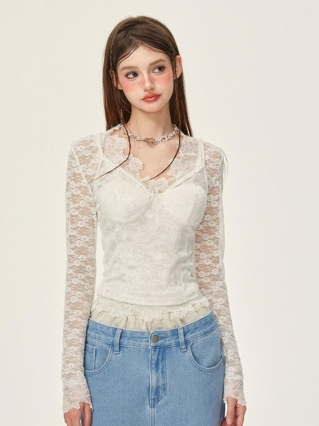 Girly Fancy Club Sheer Floral V-neck Cutout Slim Long Sleeve Women's Lace Blouses