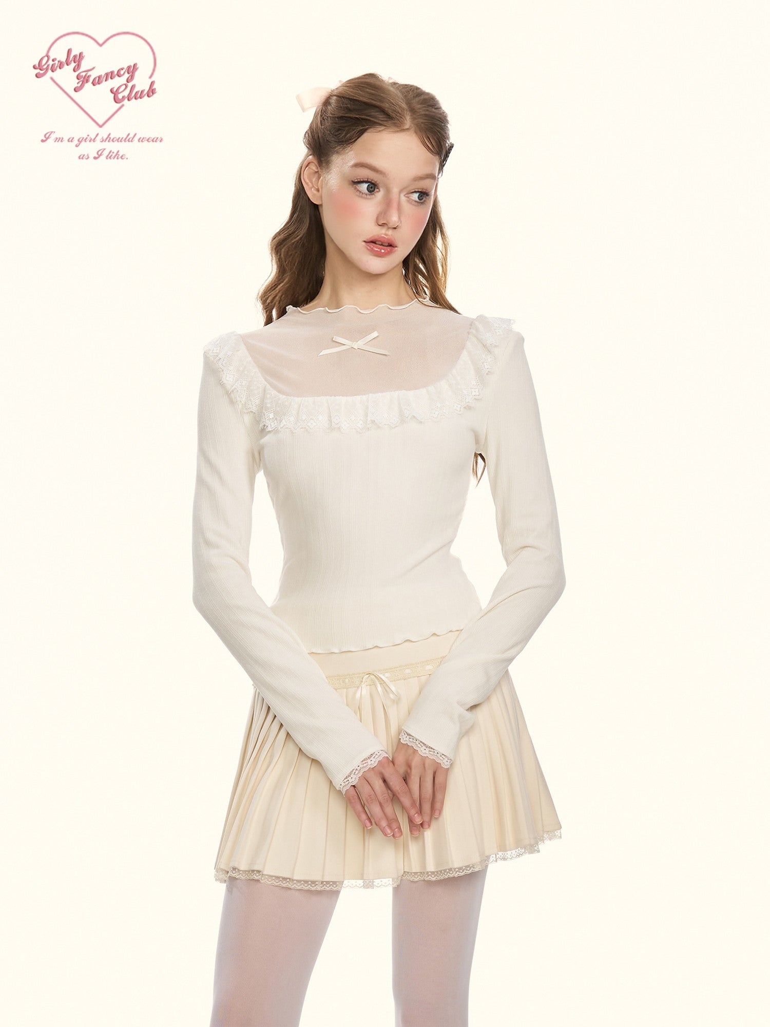 Girly Fancy Club Sheer Lace Mesh Spliced Stand Collar Slim Fit Women's Knitted Sweaters