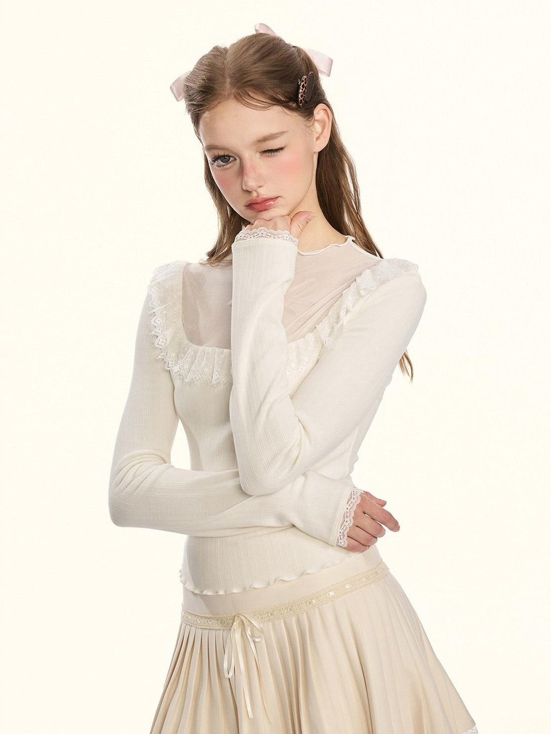 Girly Fancy Club Sheer Lace Mesh Spliced Stand Collar Slim Fit Women's Knitted Sweaters