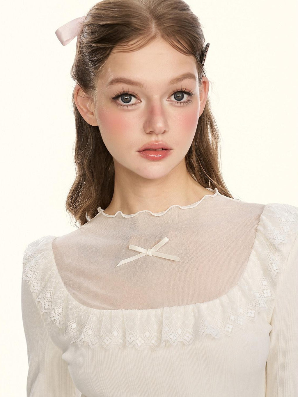 Girly Fancy Club Sheer Lace Mesh Spliced Stand Collar Slim Fit Women's Knitted Sweaters
