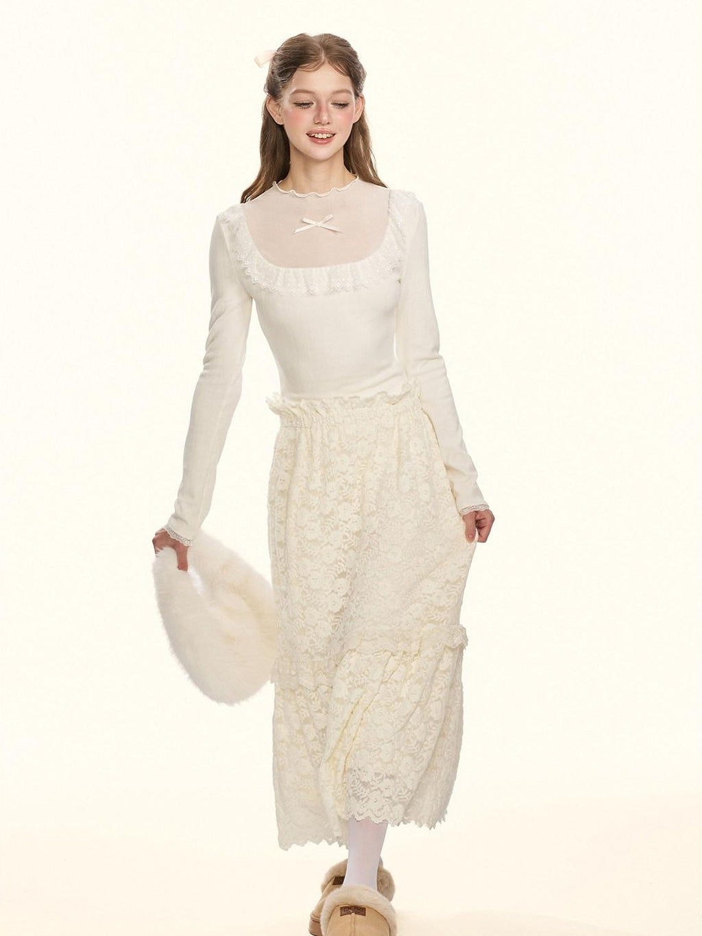 Girly Fancy Club Sheer Lace Mesh Spliced Stand Collar Slim Fit Women's Knitted Sweaters