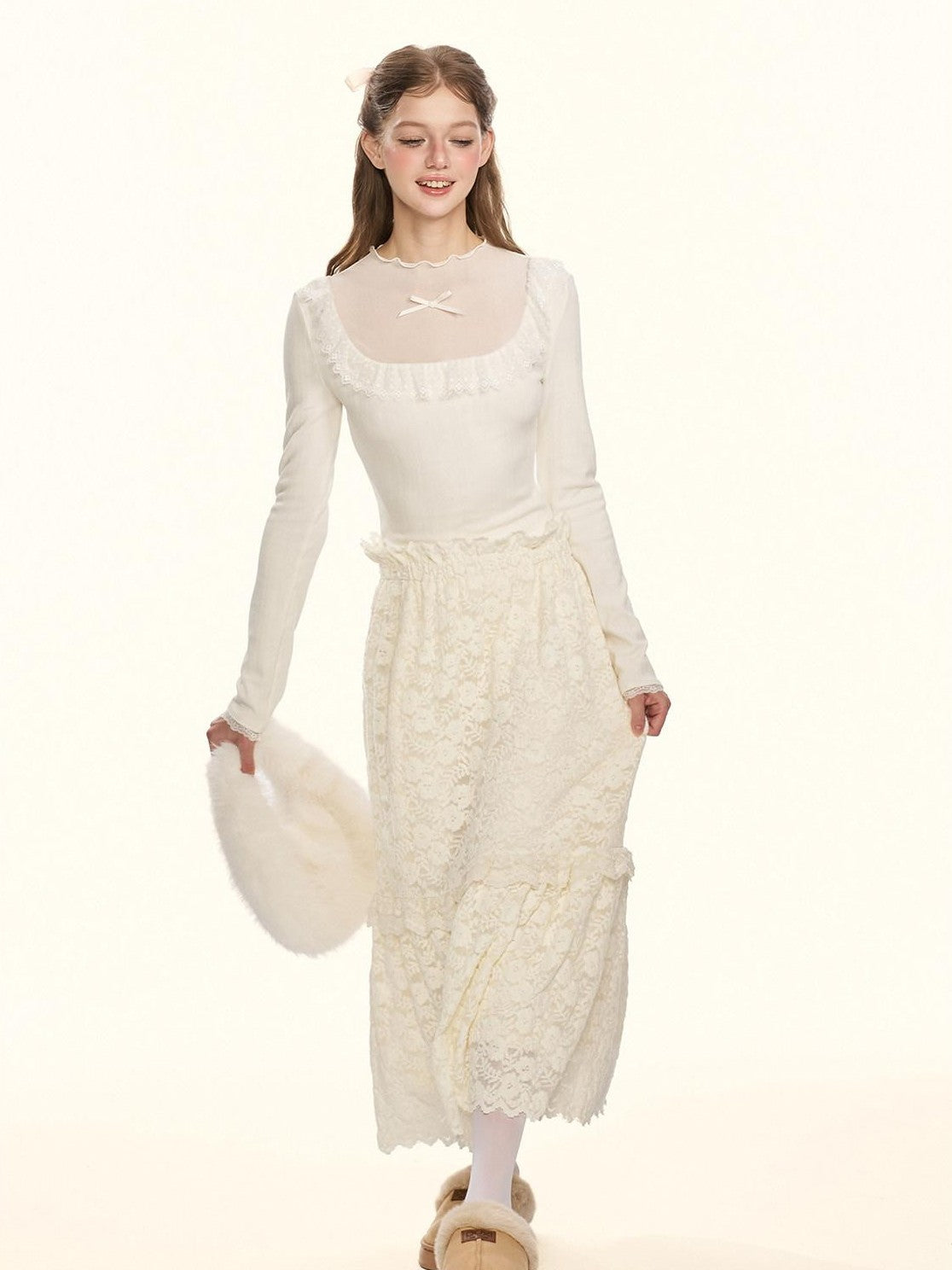 Girly Fancy Club Sheer Lace Mesh Spliced Stand Collar Slim Fit Women's Knitted Sweaters