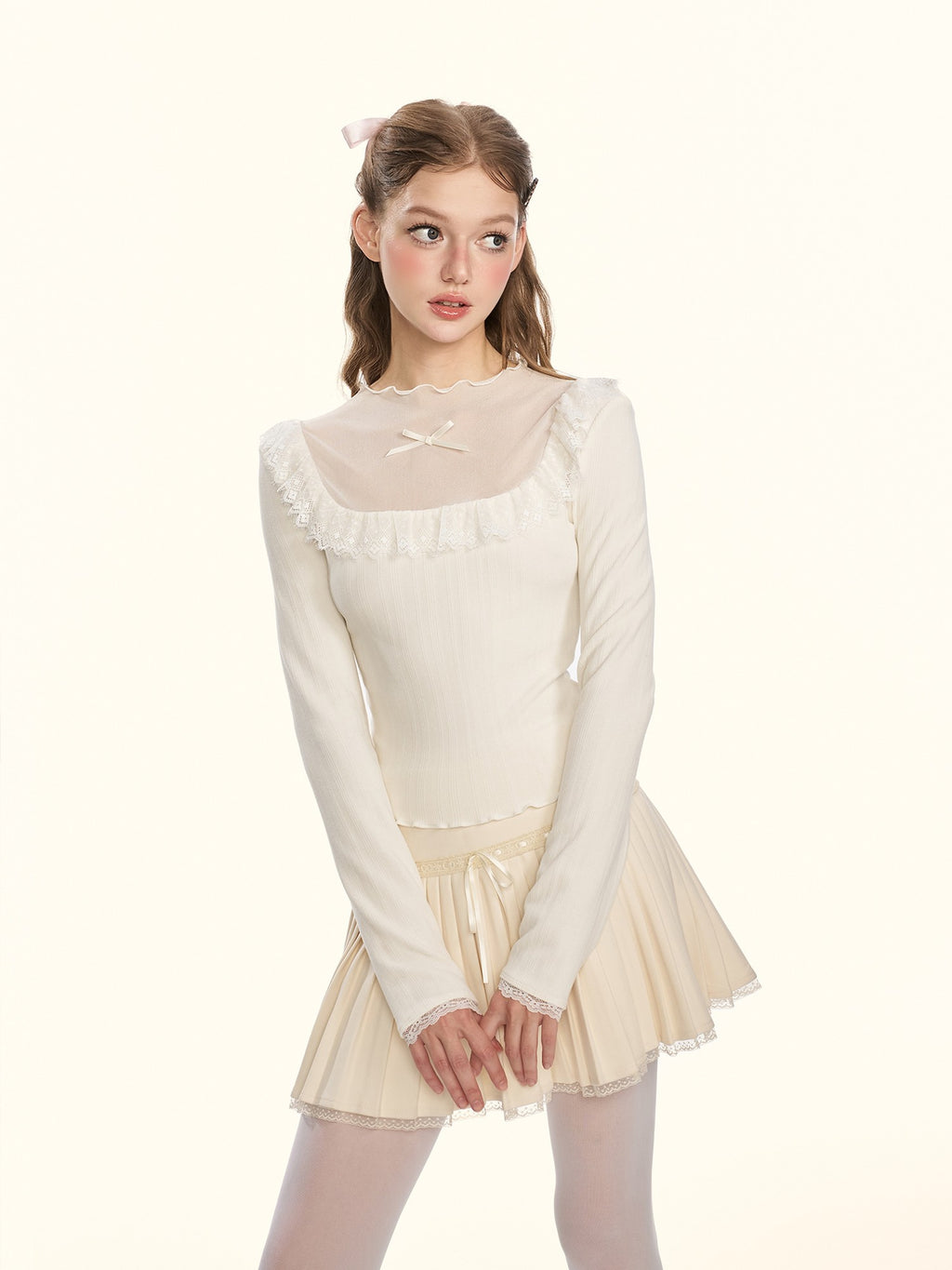 Girly Fancy Club Sheer Lace Mesh Spliced Stand Collar Slim Fit Women's Knitted Sweaters