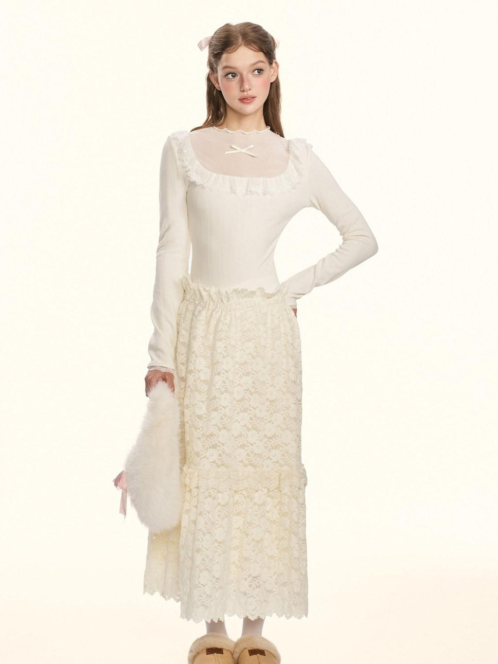 Girly Fancy Club Sheer Lace Mesh Spliced Stand Collar Slim Fit Women's Knitted Sweaters