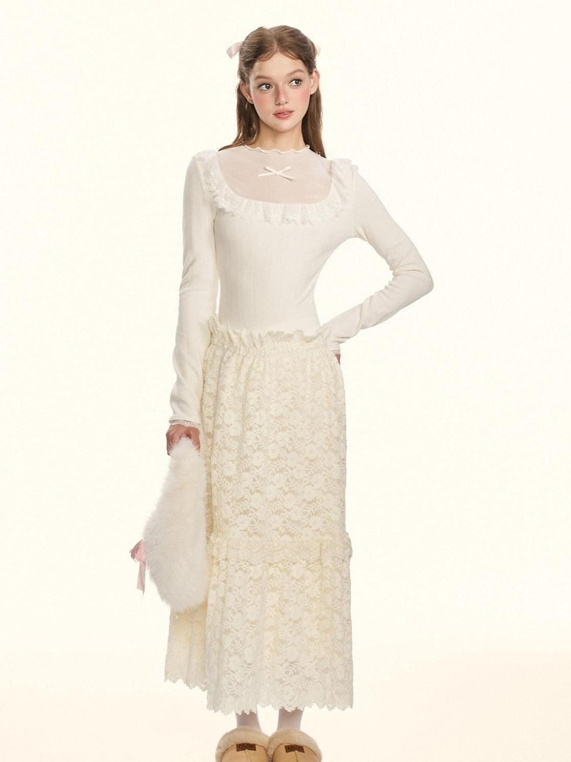 Girly Fancy Club Sheer Lace Mesh Spliced Stand Collar Slim Fit Women's Knitted Sweaters