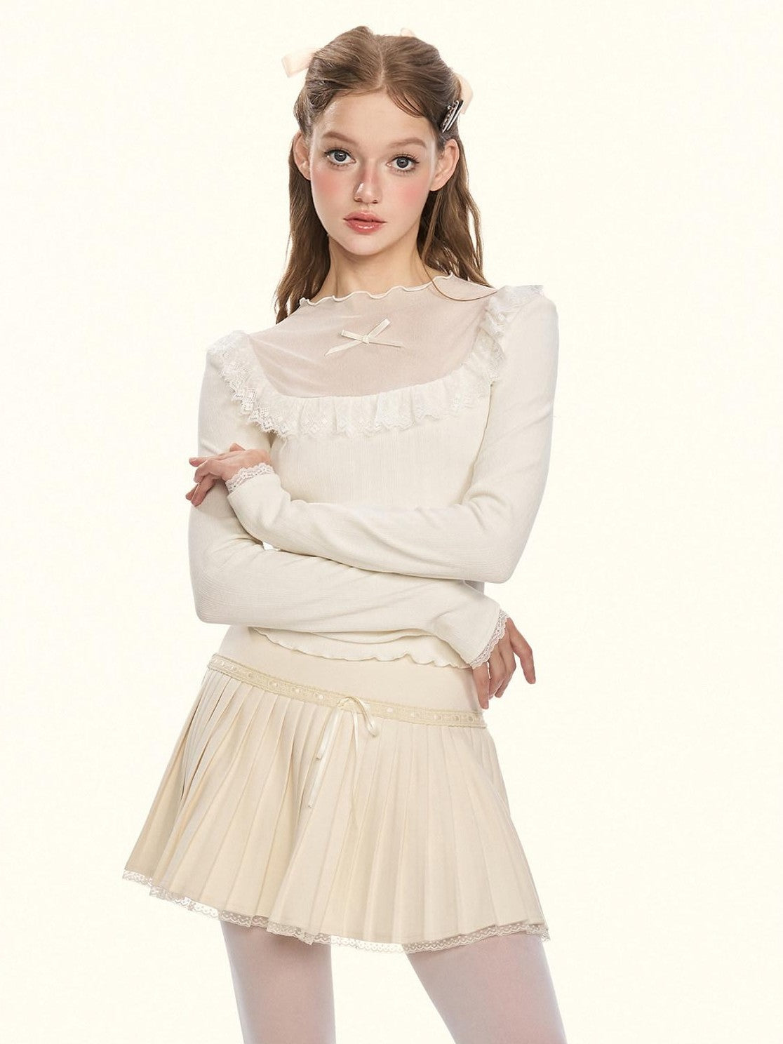 Girly Fancy Club Sheer Lace Mesh Spliced Stand Collar Slim Fit Women's Knitted Sweaters