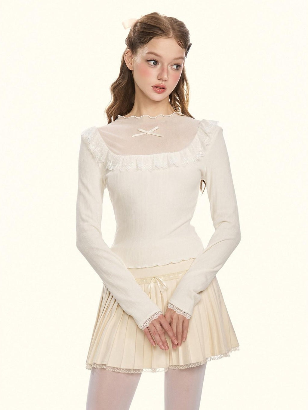 Girly Fancy Club Sheer Lace Mesh Spliced Stand Collar Slim Fit Women's Knitted Sweaters