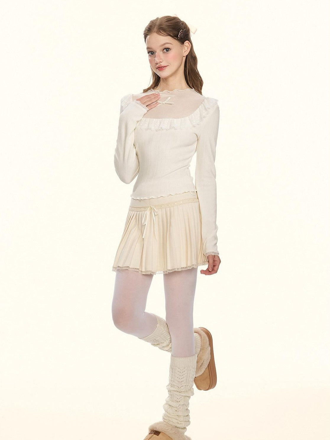 Girly Fancy Club Sheer Lace Mesh Spliced Stand Collar Slim Fit Women's Knitted Sweaters