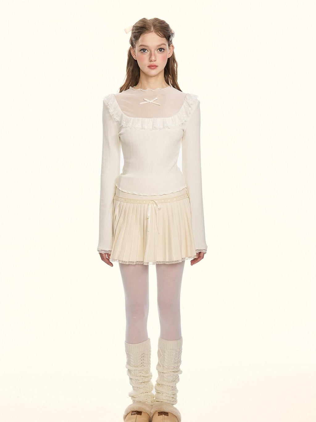 Girly Fancy Club Sheer Lace Mesh Spliced Stand Collar Slim Fit Women's Knitted Sweaters