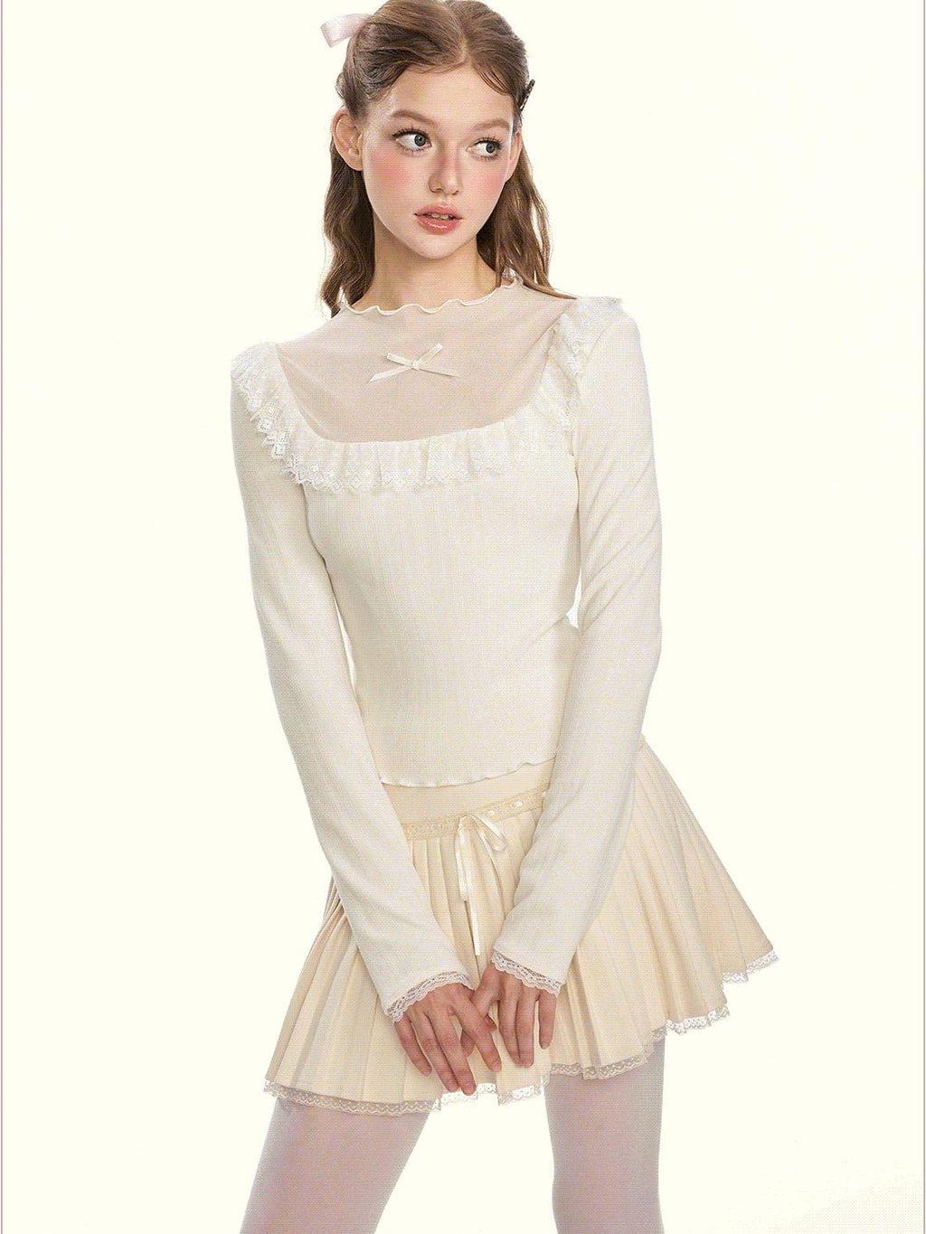 Girly Fancy Club Sheer Lace Mesh Spliced Stand Collar Slim Fit Women's Knitted Sweaters