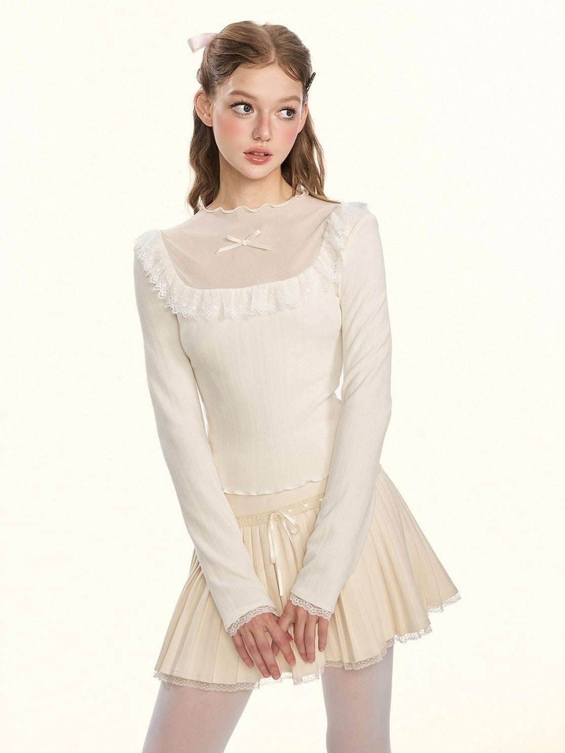 Girly Fancy Club Sheer Lace Mesh Spliced Stand Collar Slim Fit Women's Knitted Sweaters