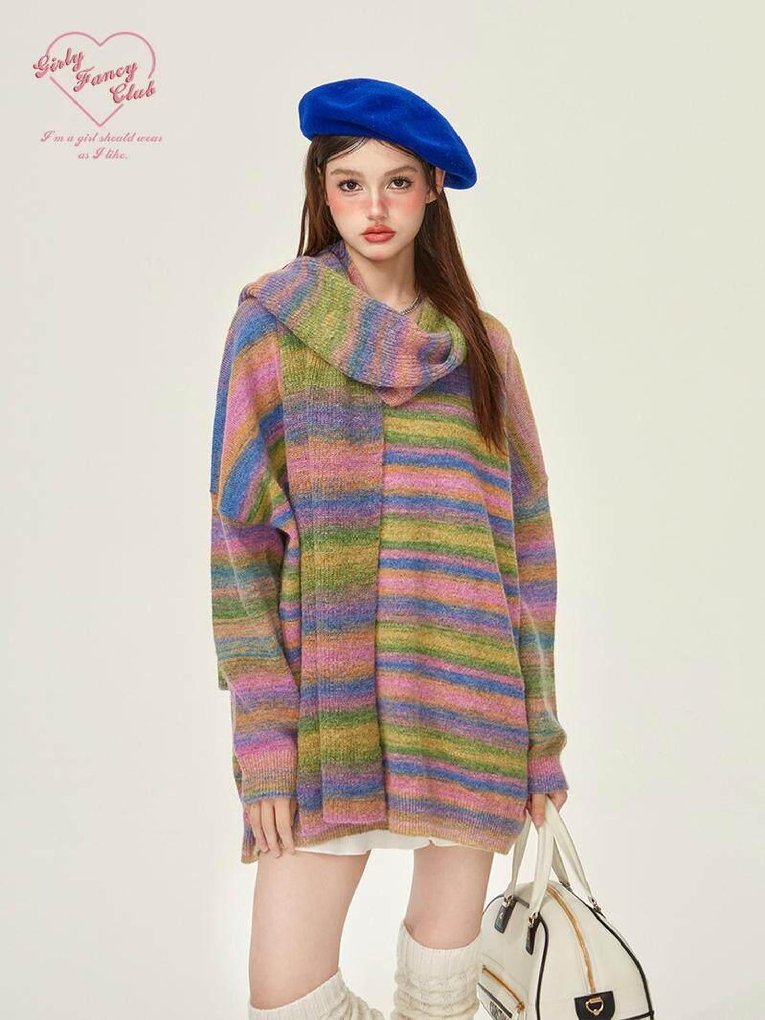 Girly Fancy Club Slouchy Colorblock Striped Knit V-neck Drop Shoulder Women's Wool Blend Sweaters
