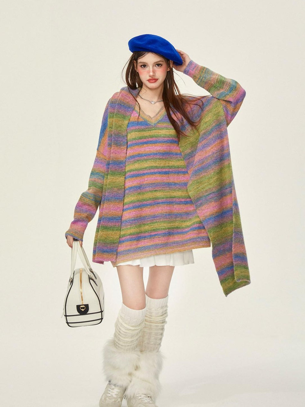 Girly Fancy Club Slouchy Colorblock Striped Knit V-neck Drop Shoulder Women's Wool Blend Sweaters