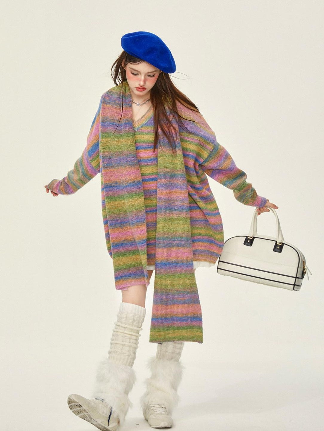 Girly Fancy Club Slouchy Colorblock Striped Knit V-neck Drop Shoulder Women's Wool Blend Sweaters