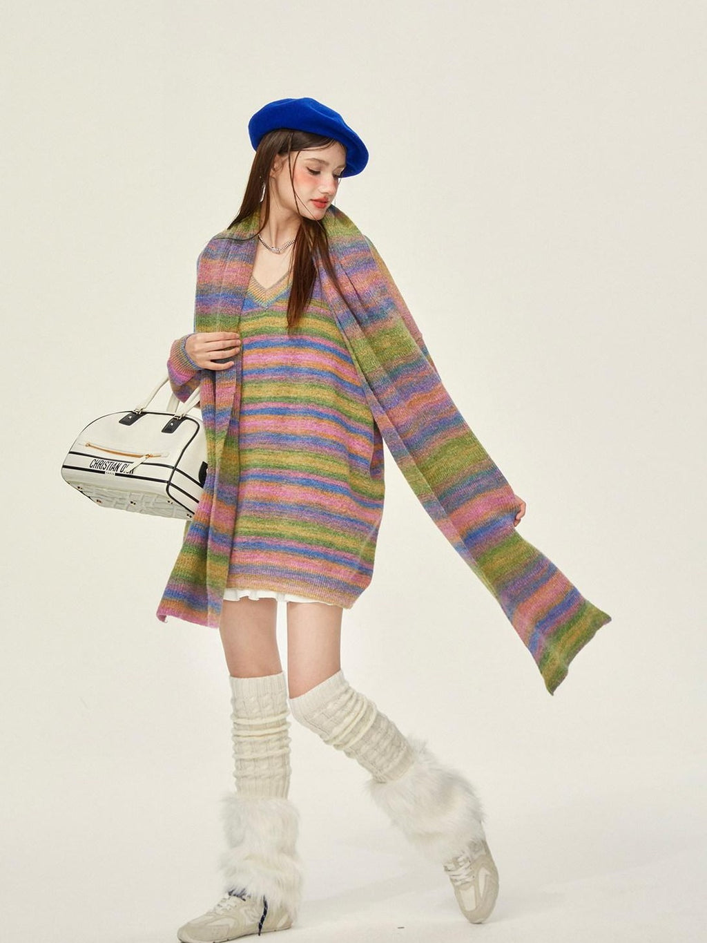 Girly Fancy Club Slouchy Colorblock Striped Knit V-neck Drop Shoulder Women's Wool Blend Sweaters