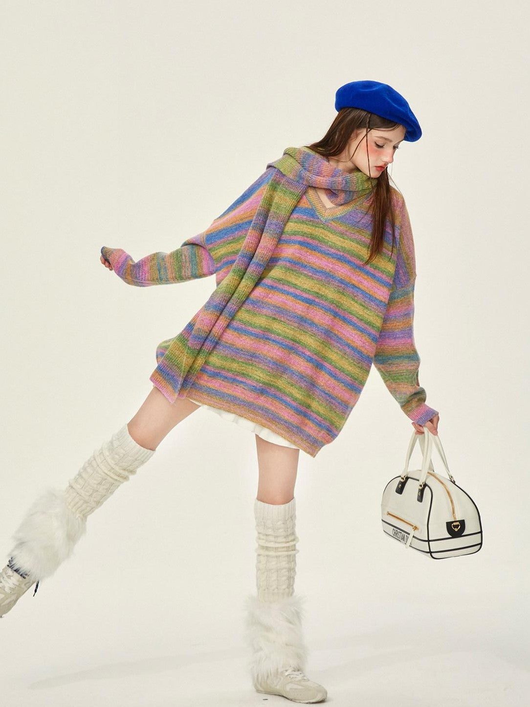 Girly Fancy Club Slouchy Colorblock Striped Knit V-neck Drop Shoulder Women's Wool Blend Sweaters