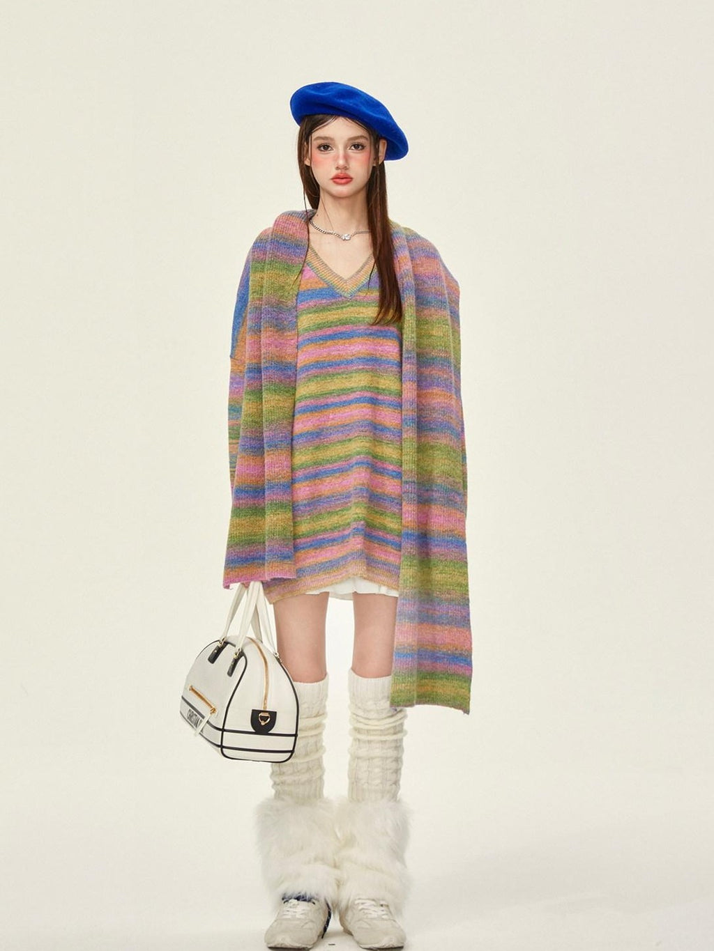 Girly Fancy Club Slouchy Colorblock Striped Knit V-neck Drop Shoulder Women's Wool Blend Sweaters