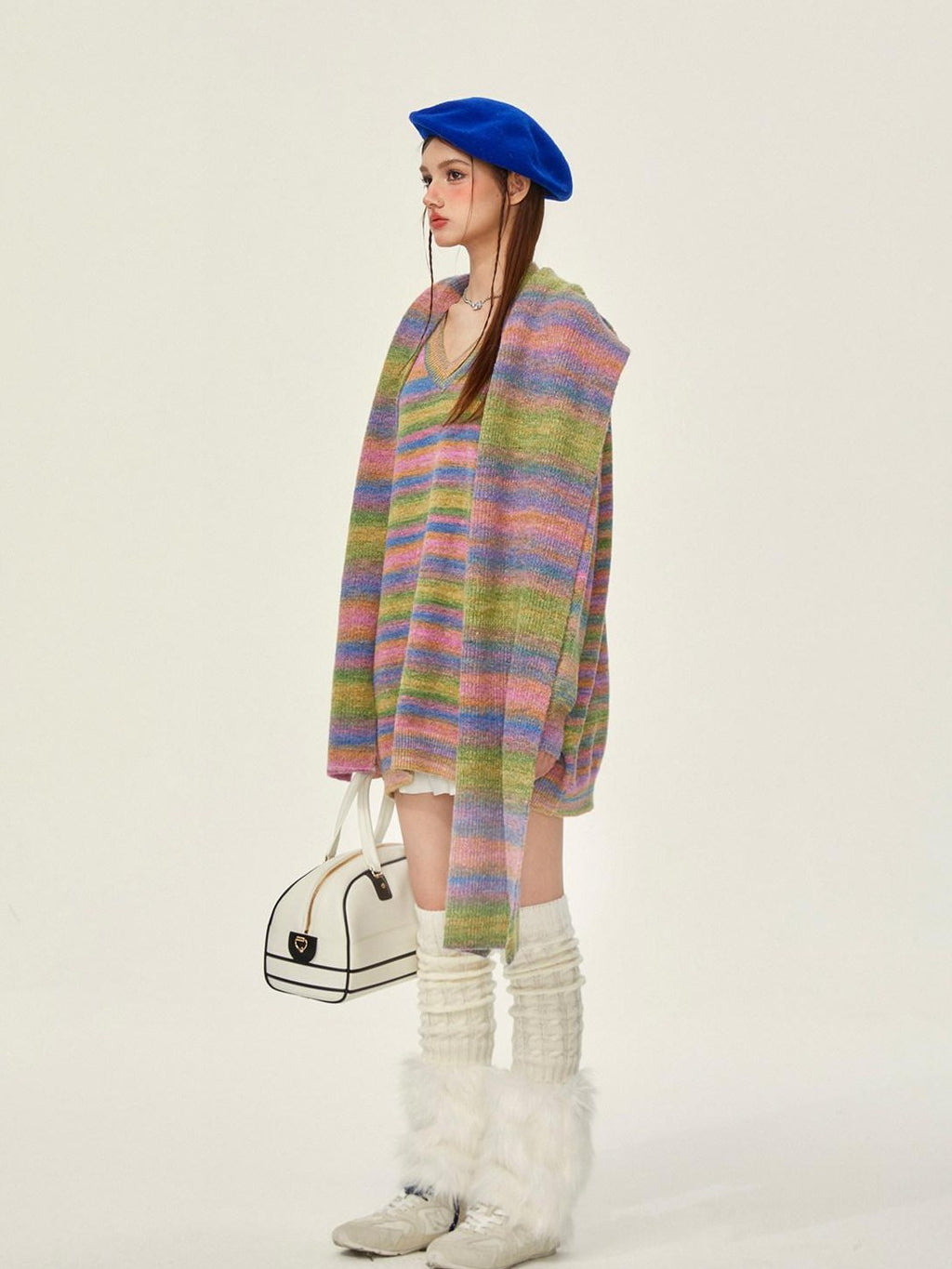 Girly Fancy Club Slouchy Colorblock Striped Knit V-neck Drop Shoulder Women's Wool Blend Sweaters