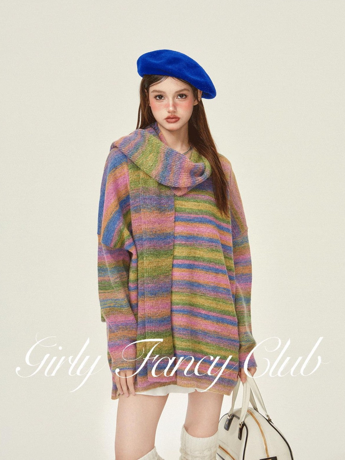Girly Fancy Club Slouchy Colorblock Striped Knit V-neck Drop Shoulder Women's Wool Blend Sweaters