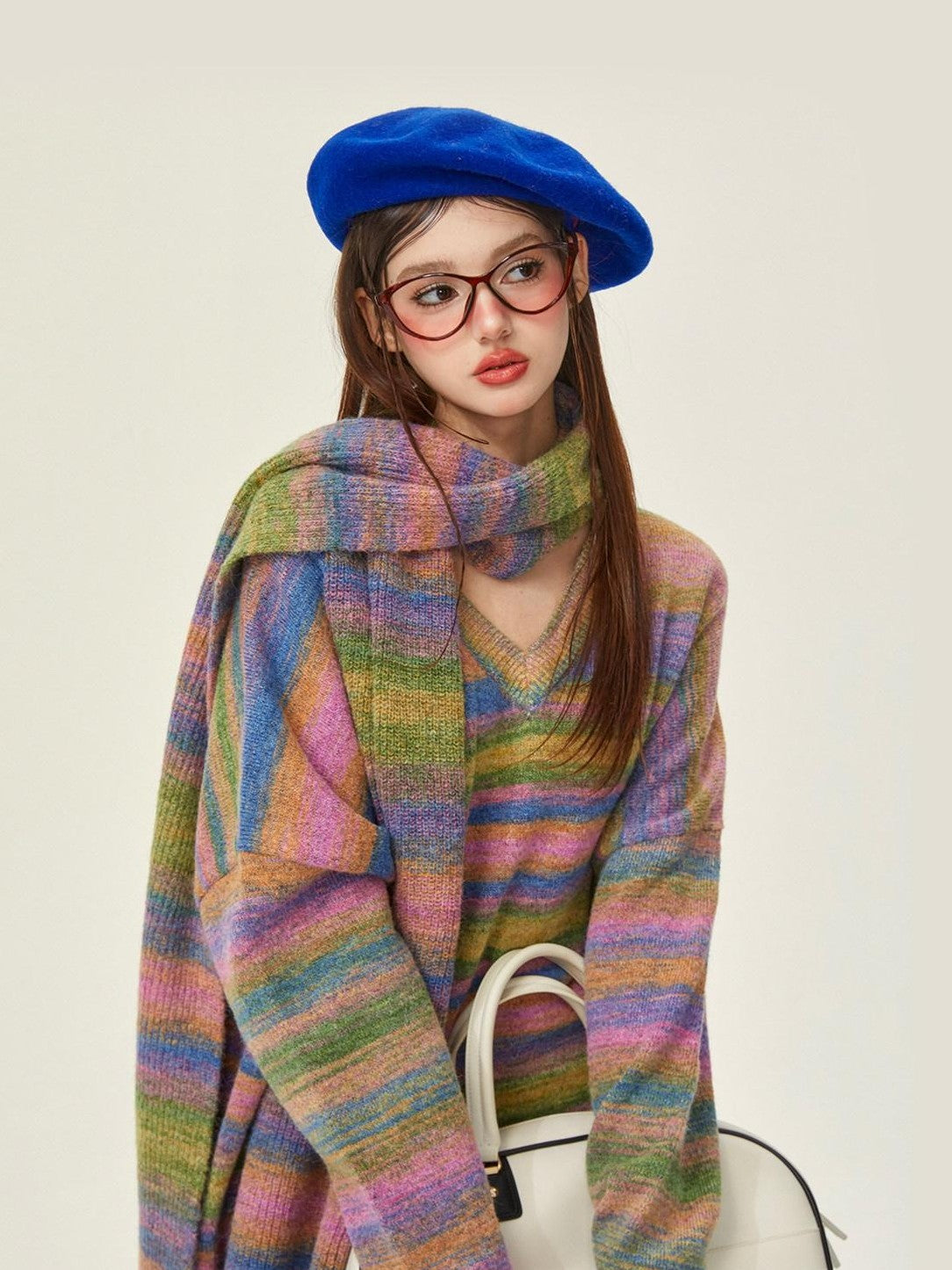 Girly Fancy Club Slouchy Colorblock Striped Knit V-neck Drop Shoulder Women's Wool Blend Sweaters