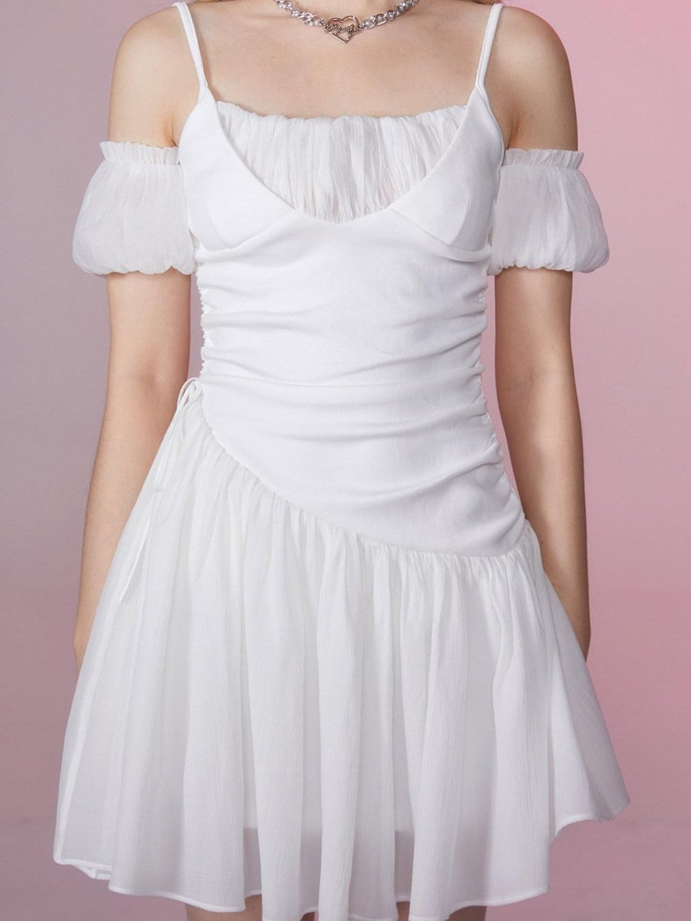 Girly Fancy Club Snow White Ruched Tie Waist Off Shoulder Women's Slip Mini Dresses