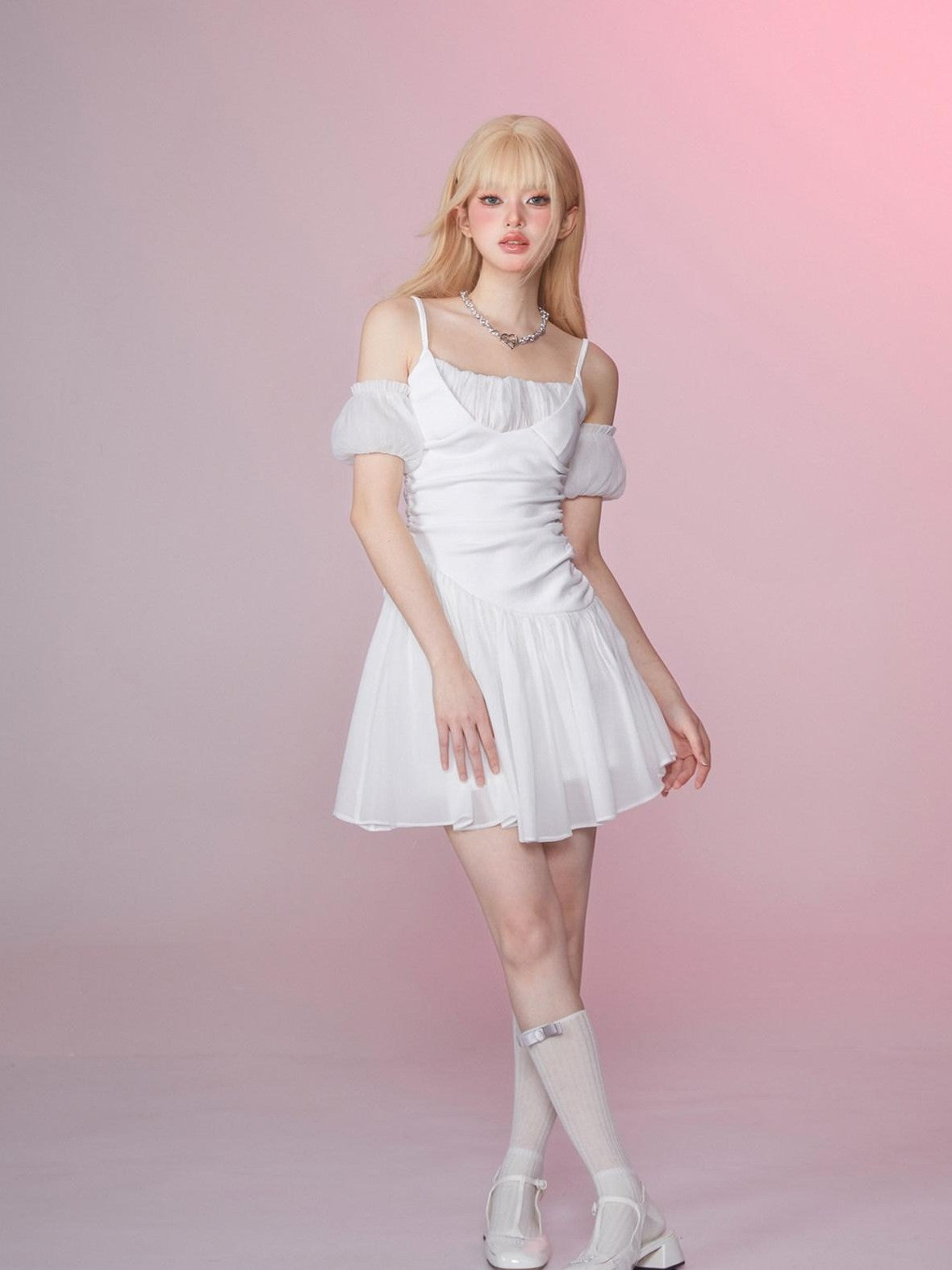 Girly Fancy Club Snow White Ruched Tie Waist Off Shoulder Women's Slip Mini Dresses