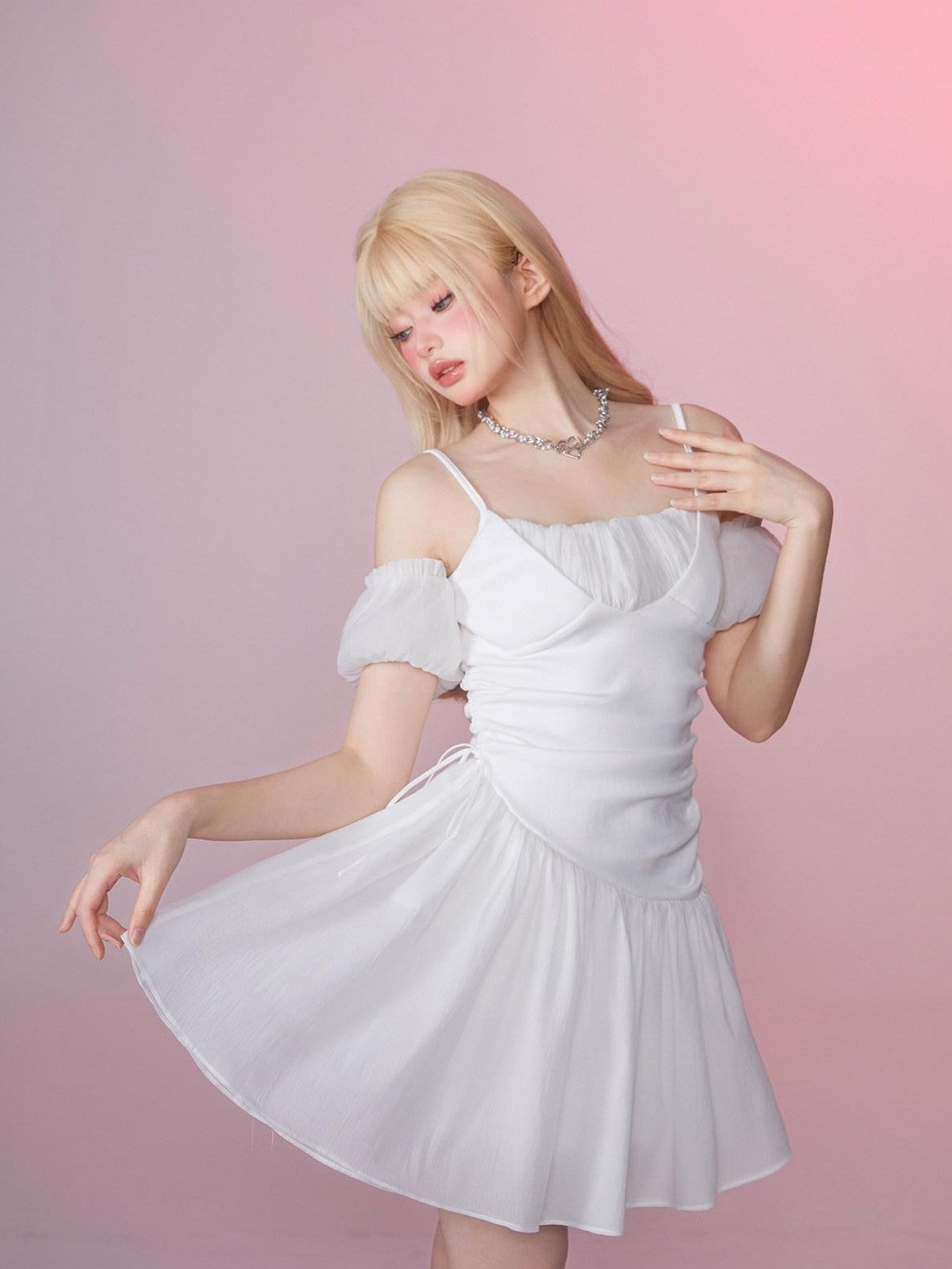 Girly Fancy Club Snow White Ruched Tie Waist Off Shoulder Women's Slip Mini Dresses