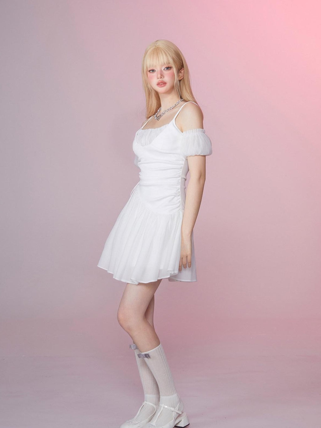 Girly Fancy Club Snow White Ruched Tie Waist Off Shoulder Women's Slip Mini Dresses