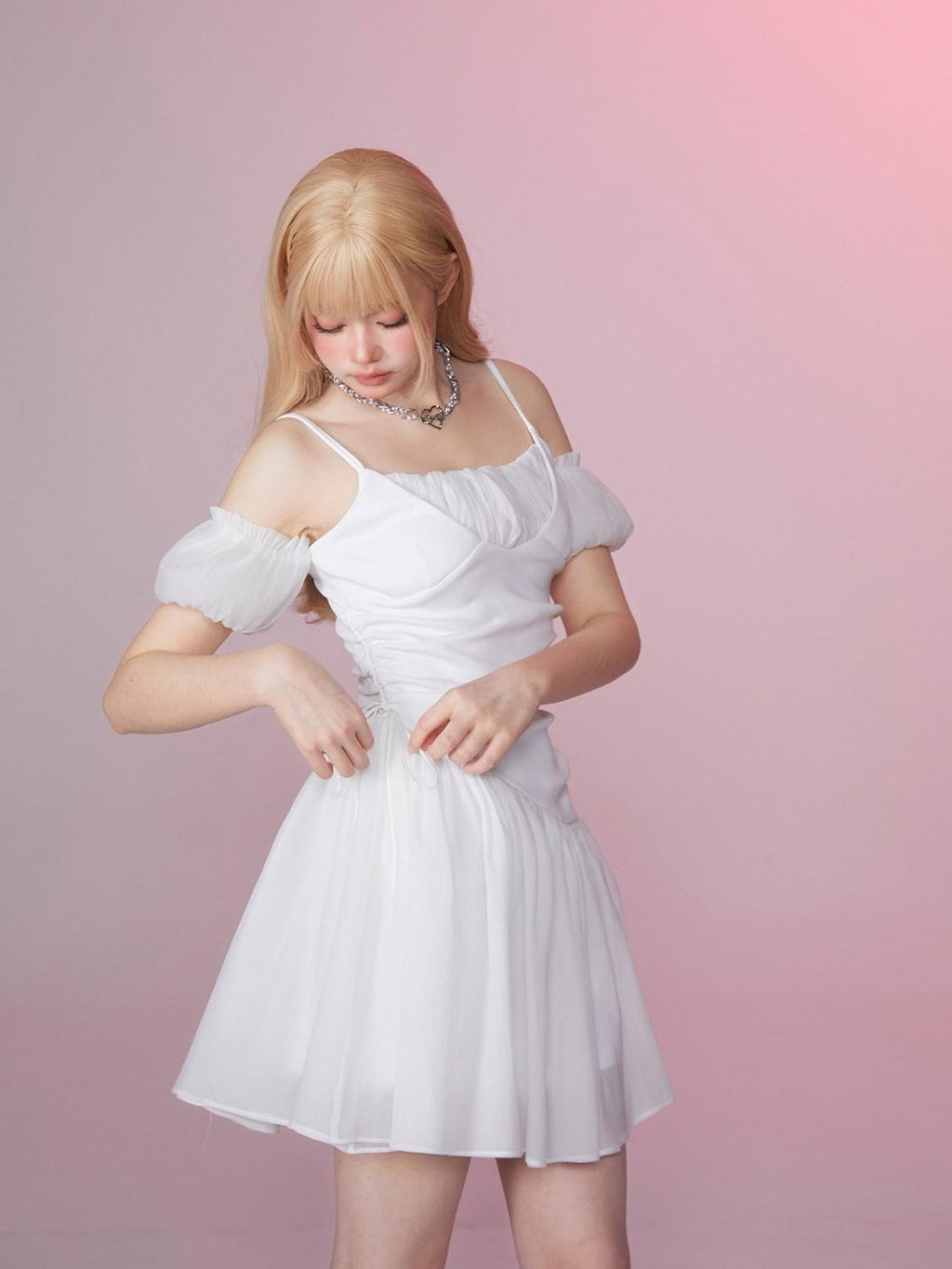 Girly Fancy Club Snow White Ruched Tie Waist Off Shoulder Women's Slip Mini Dresses