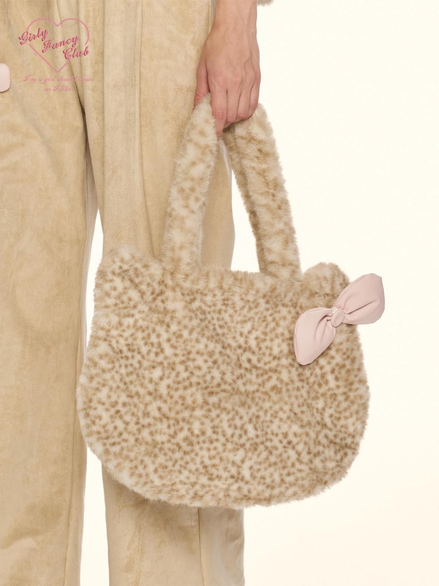 Girly Fancy Club Soft Cute Leopard Print Bow Kitten Shaped Women's Plush Handbags