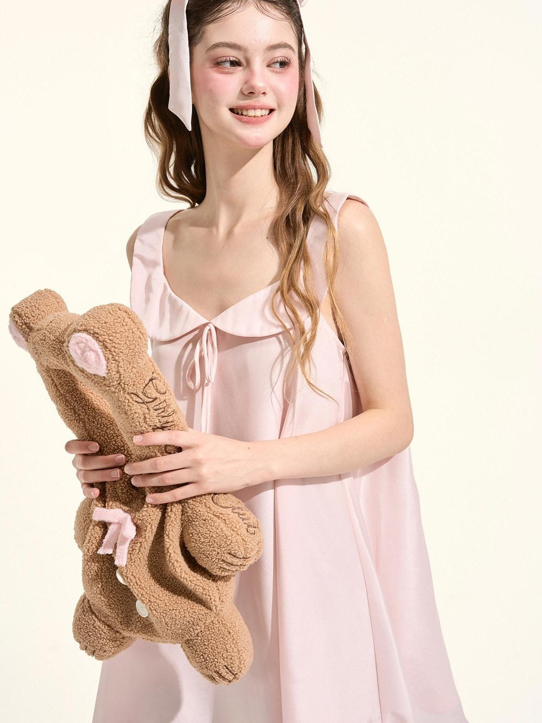 Girly Fancy Club Soft Mist Pink Doll Collar Bow Sleeveless Women's Polyester Slip Mini Dresses