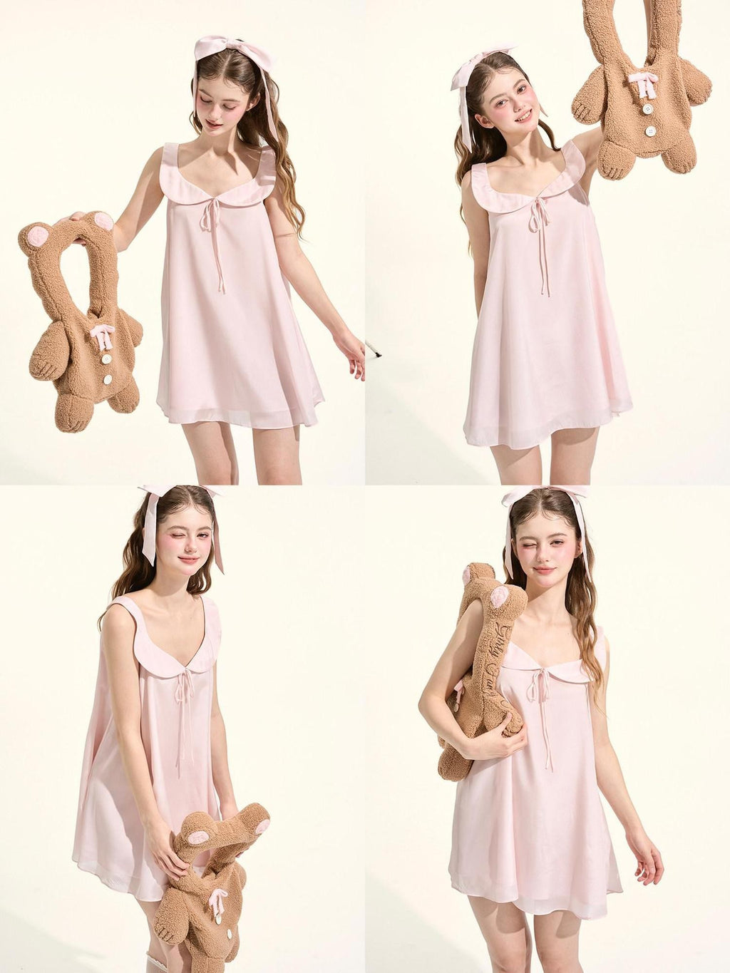 Girly Fancy Club Soft Mist Pink Doll Collar Bow Sleeveless Women's Polyester Slip Mini Dresses
