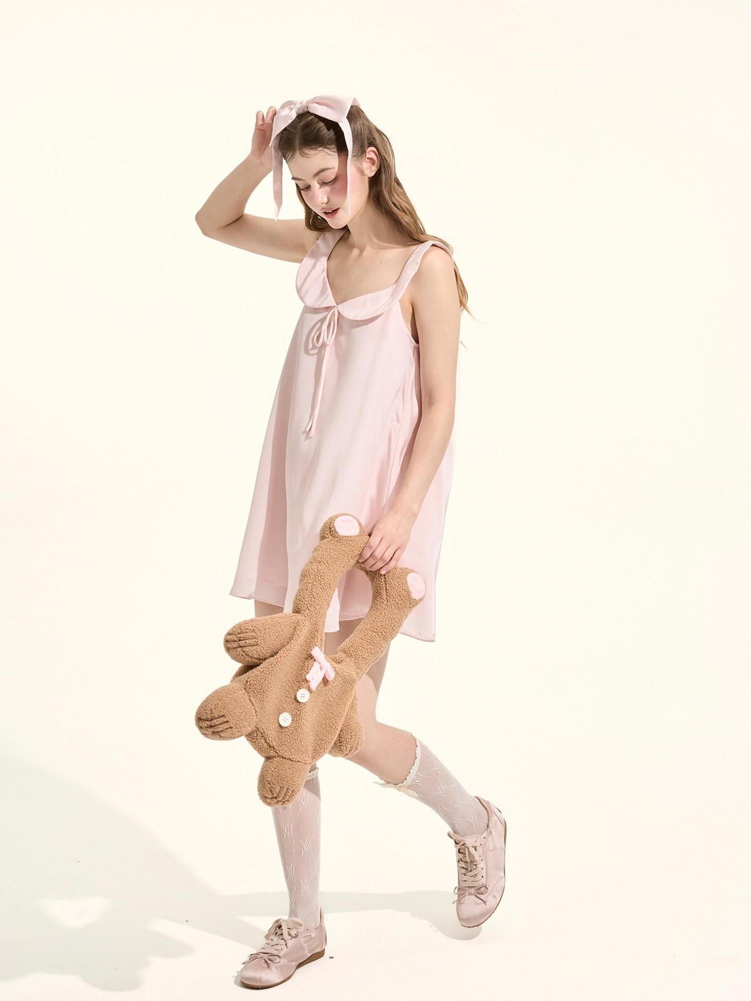 Girly Fancy Club Soft Mist Pink Doll Collar Bow Sleeveless Women's Polyester Slip Mini Dresses