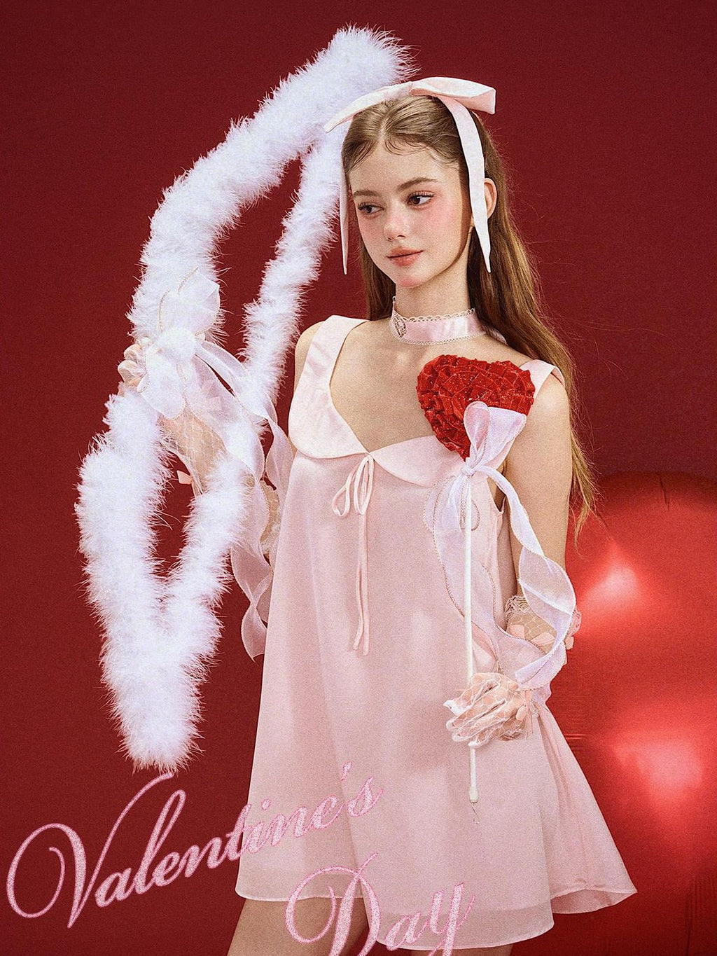 Girly Fancy Club Soft Mist Pink Doll Collar Bow Sleeveless Women's Polyester Slip Mini Dresses