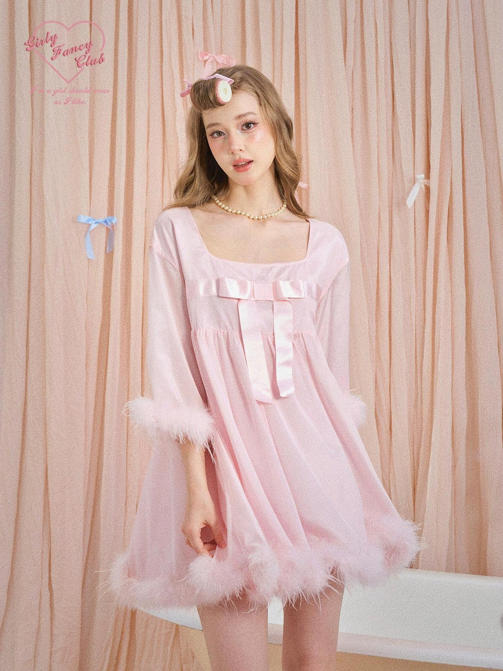 Girly Fancy Club Soft Mist Pink Feather Bow Square Neck Doll Women's Slip Mini Dresses