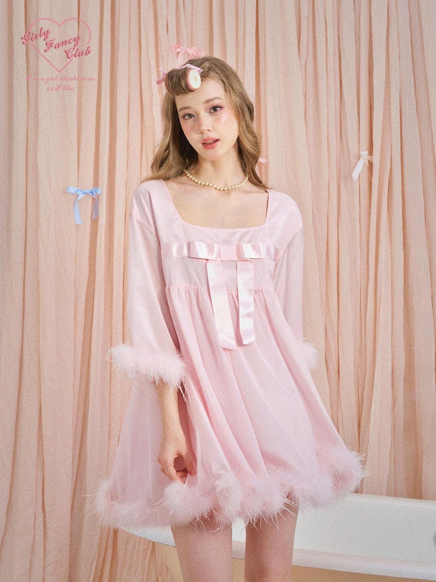 Girly Fancy Club Soft Mist Pink Feather Bow Square Neck Doll Women's Slip Mini Dresses