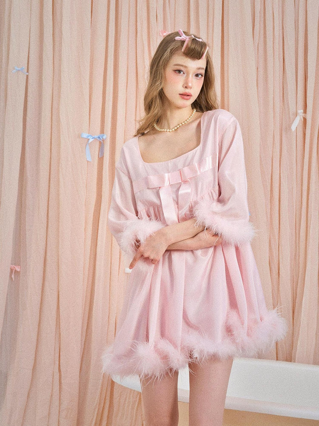Girly Fancy Club Soft Mist Pink Feather Bow Square Neck Doll Women's Slip Mini Dresses