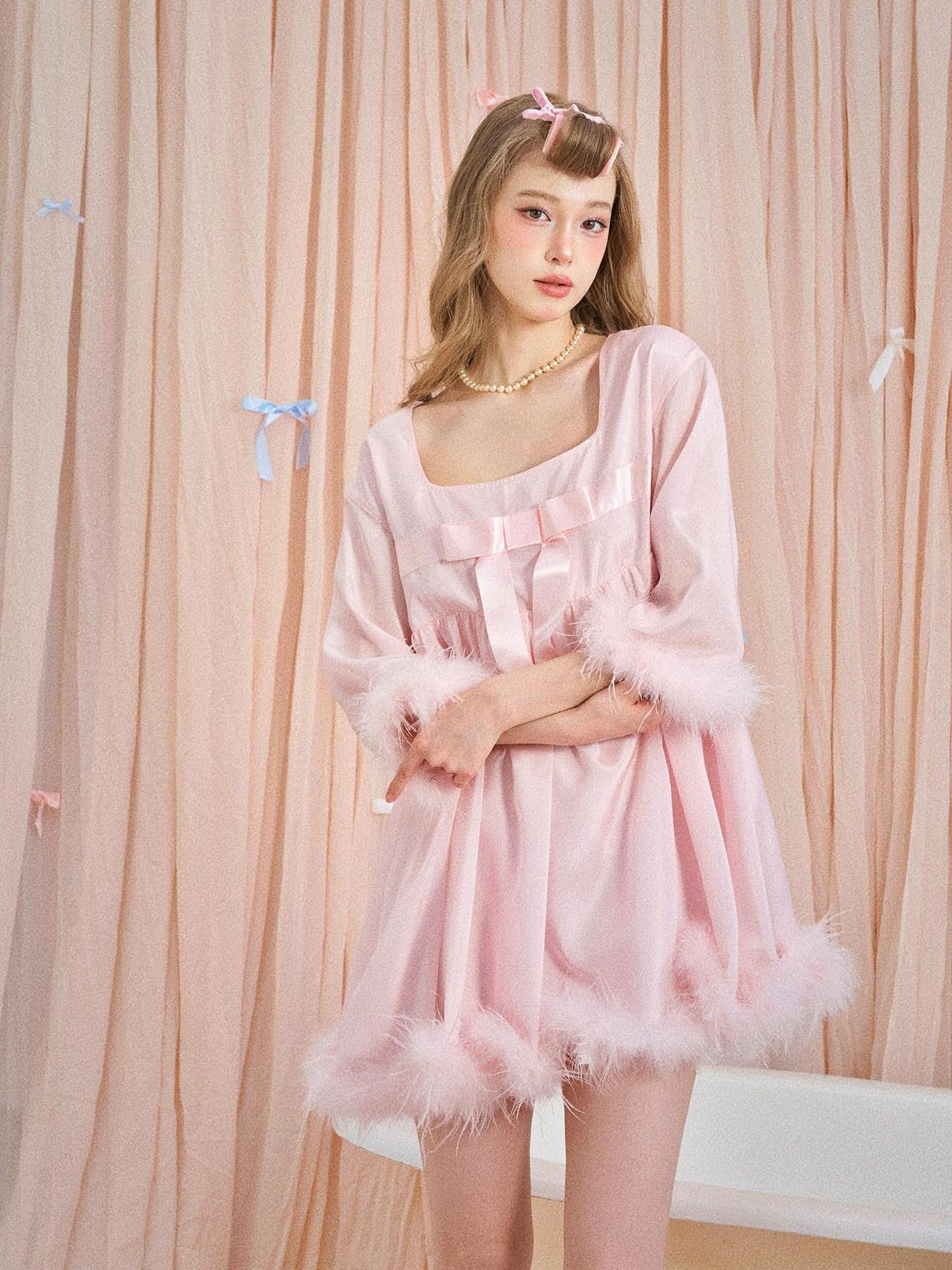 Girly Fancy Club Soft Mist Pink Feather Bow Square Neck Doll Women's Slip Mini Dresses