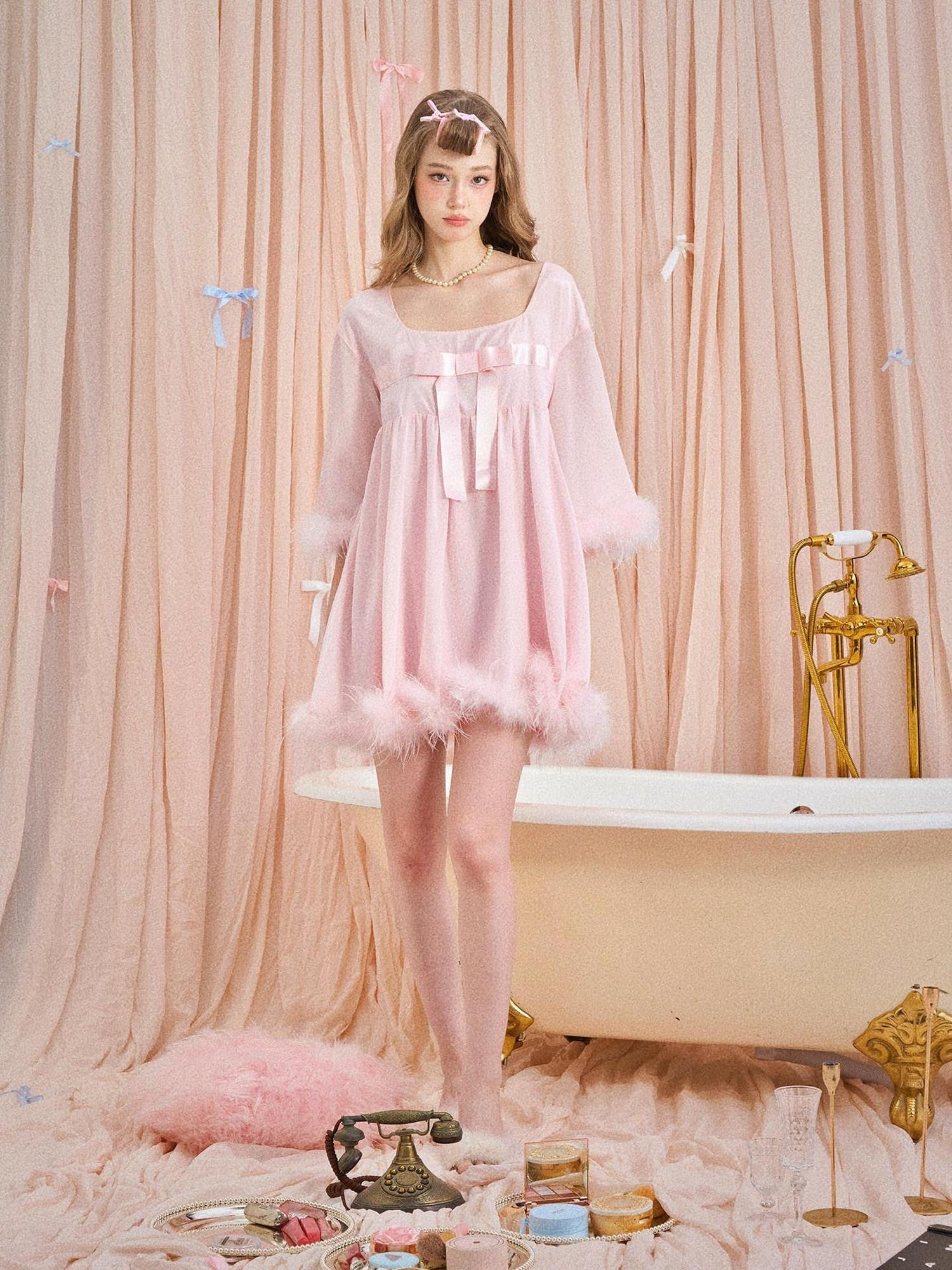 Girly Fancy Club Soft Mist Pink Feather Bow Square Neck Doll Women's Slip Mini Dresses