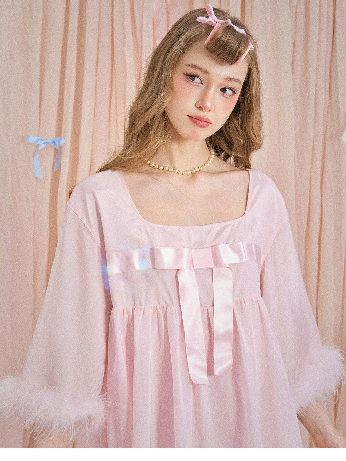 Girly Fancy Club Soft Mist Pink Feather Bow Square Neck Doll Women's Slip Mini Dresses