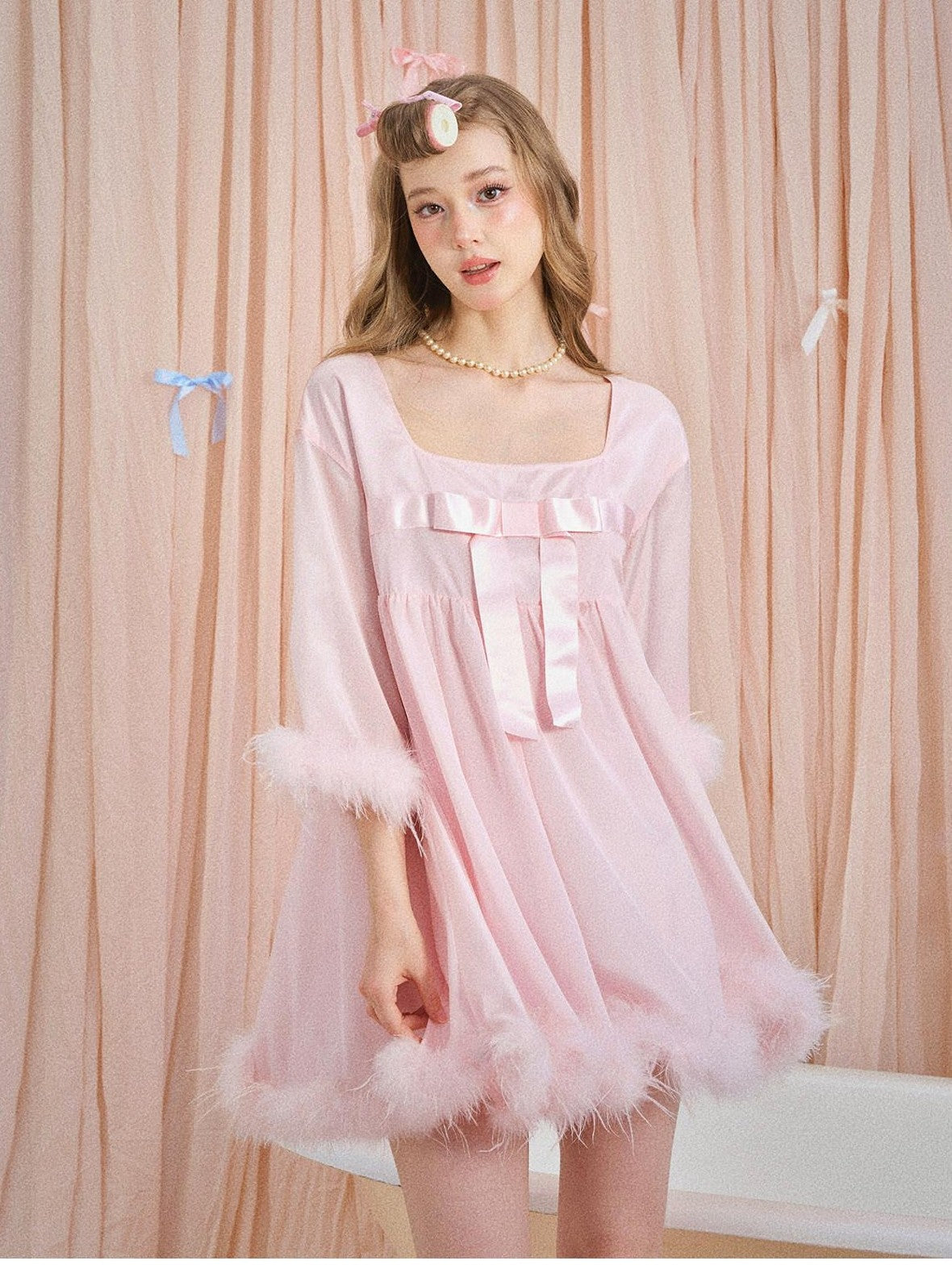Girly Fancy Club Soft Mist Pink Feather Bow Square Neck Doll Women's Slip Mini Dresses