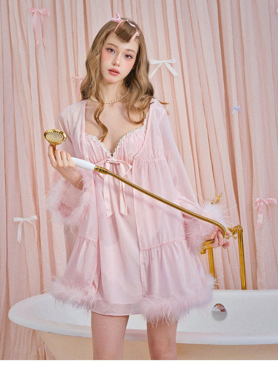 Girly Fancy Club Soft Mist Pink Feather Trim Patchwork Dolllike Women's Polyester Cardigans