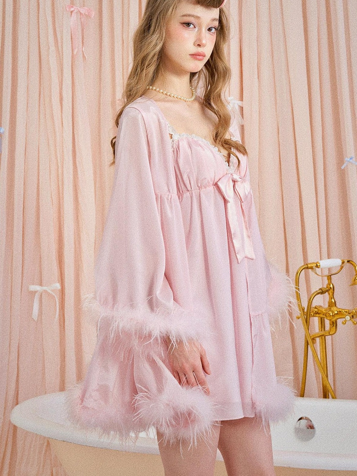 Girly Fancy Club Soft Mist Pink Feather Trim Patchwork Dolllike Women's Polyester Cardigans