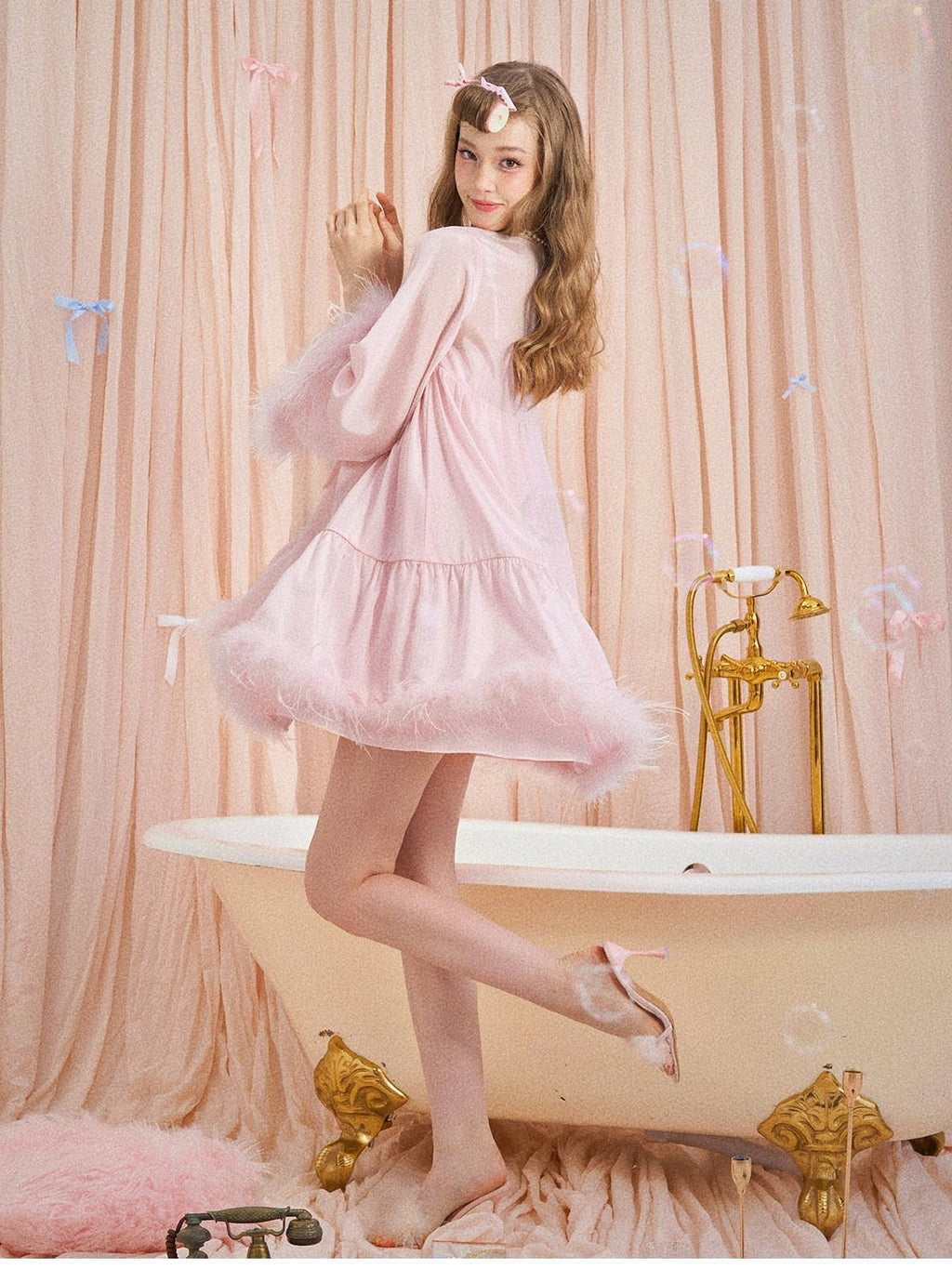 Girly Fancy Club Soft Mist Pink Feather Trim Patchwork Dolllike Women's Polyester Cardigans